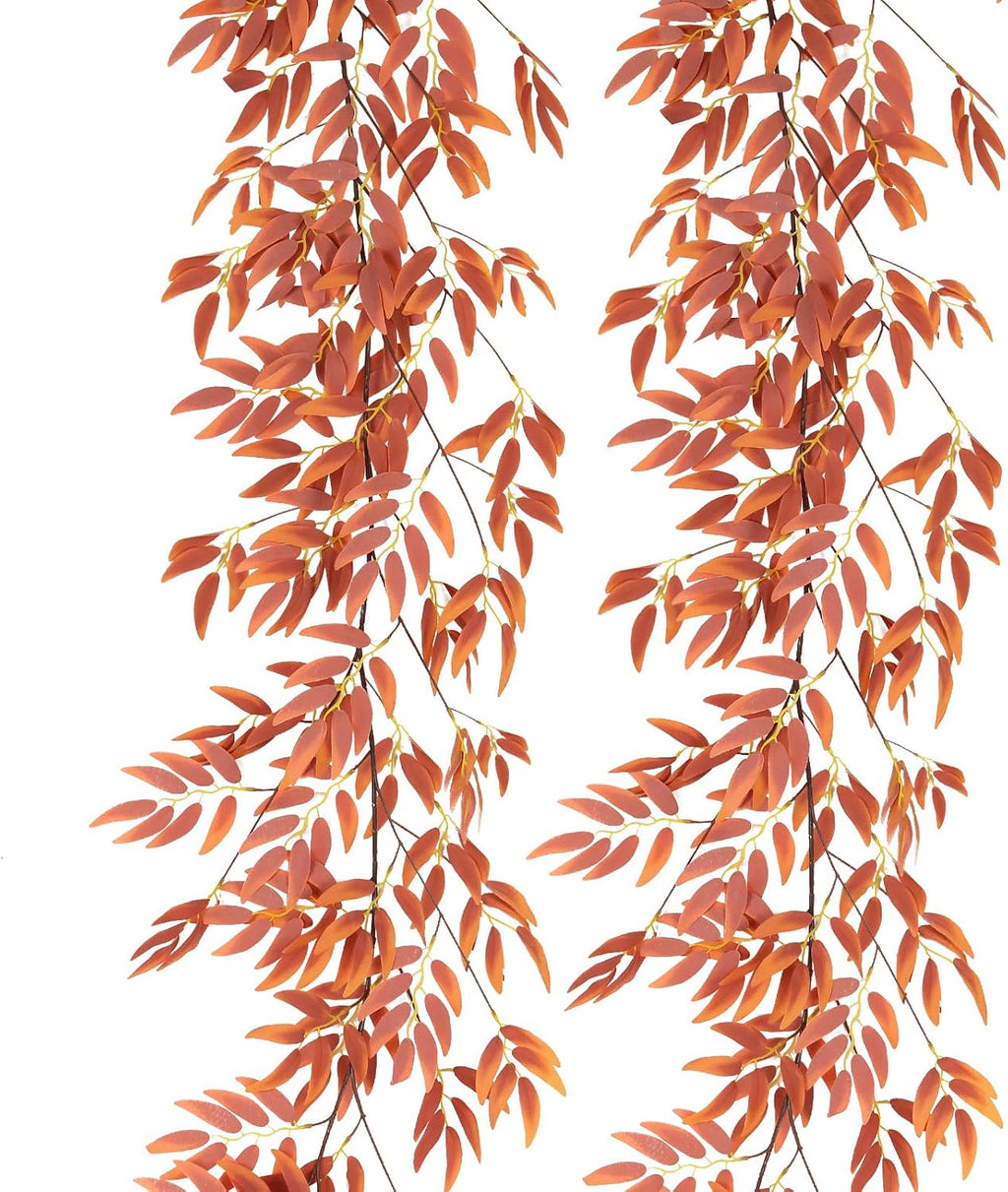 RECUTMS Artificial Hanging Willow Leaves Vine Twigs 2Pcs 5.7Ft Fall Garland Fake Silk Willows Leave Ivy Faux Greenery for Indoor Outdoor Wedding Jungle Birthday Autumn Wreath Thanksgiving Party Decor