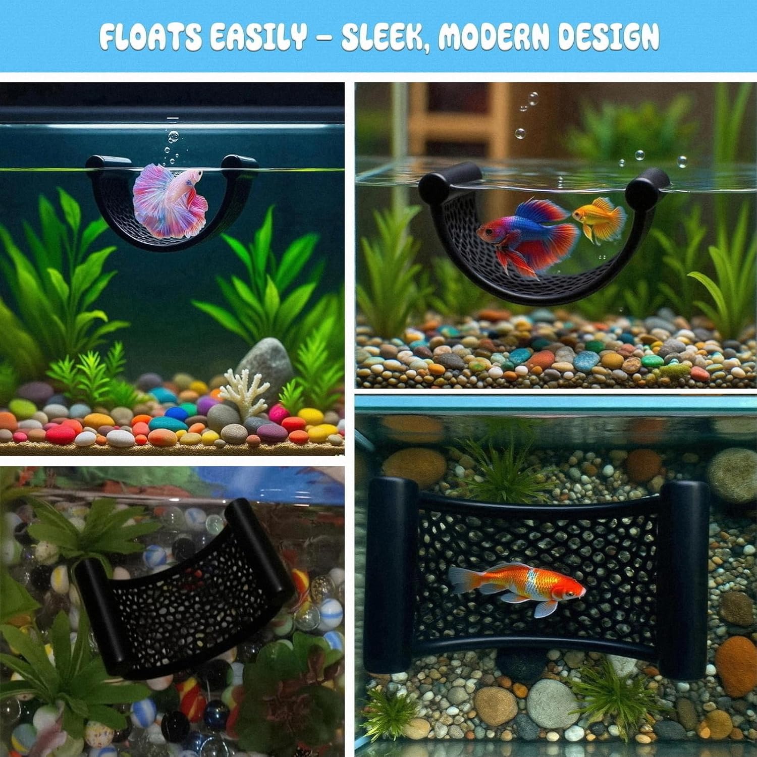 Black Floating Betta Fish Hammock – Minimalist Rest Platform & Floating Bed – Betta Tank Accessories for Small Aquariums, Nano Tanks, Shrimp & Corydoras – Sleek Matte Black Perch Ledge
