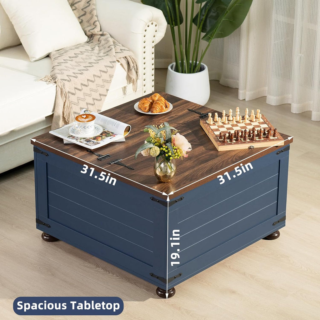 Farmhouse Coffee Table with Hidden Storage, 59 Gallon Square Center Table for Living Room, Rustic Wood Cocktail Tables with Flip-Top Lids, Farm House Tables with Wooden Gourd Feet, Navy Blue