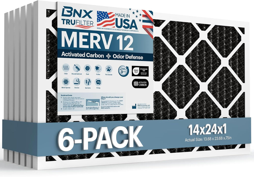 BNX TruFilter 14x24x1 MERV 12 Odor Defense (6-Pack) AC Furnace Air Filter with Activated Carbon - MADE IN USA - Pleated Air Conditioner HVAC AC Furnace Filters - Removes Odor, Mold, Bacteria, Smoke