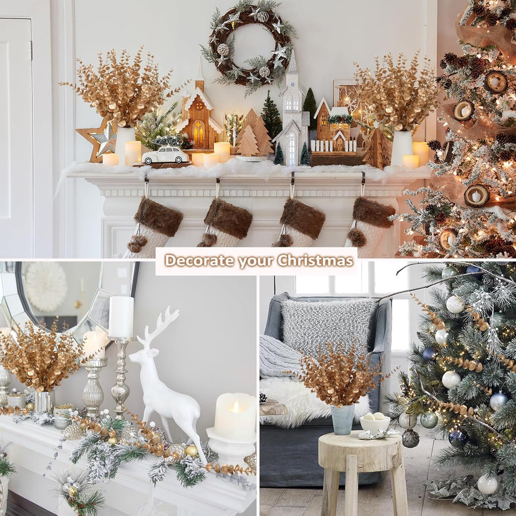 RECUTMS 36 Pcs Gold Eucalyptus Leaves Stems 15 inch Artificial Leaf Branches for Autumn Fall Wedding Centerpiece Flower Bouquet Christmas Picks Floral Arrangemen Office Home Table Decor