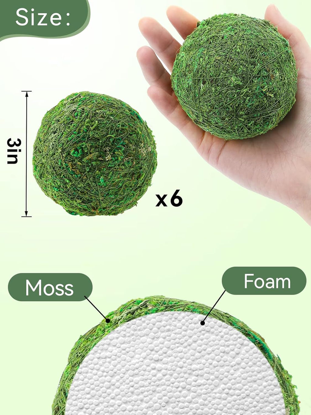Biubee 6Pack Decorative Faux Dried Moss Balls- 3" Artificial Green Plant Mossy Globes Handmade Sphere Moss Gift for Home Dough Bowl Vase Chinoiserie Decors Party Wedding Display
