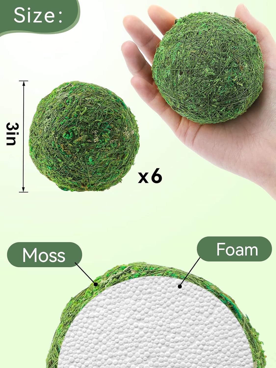 Biubee 6Pack Decorative Faux Dried Moss Balls- 3" Artificial Green Plant Mossy Globes Handmade Sphere Moss Gift for Home Dough Bowl Vase Chinoiserie Decors Party Wedding Display