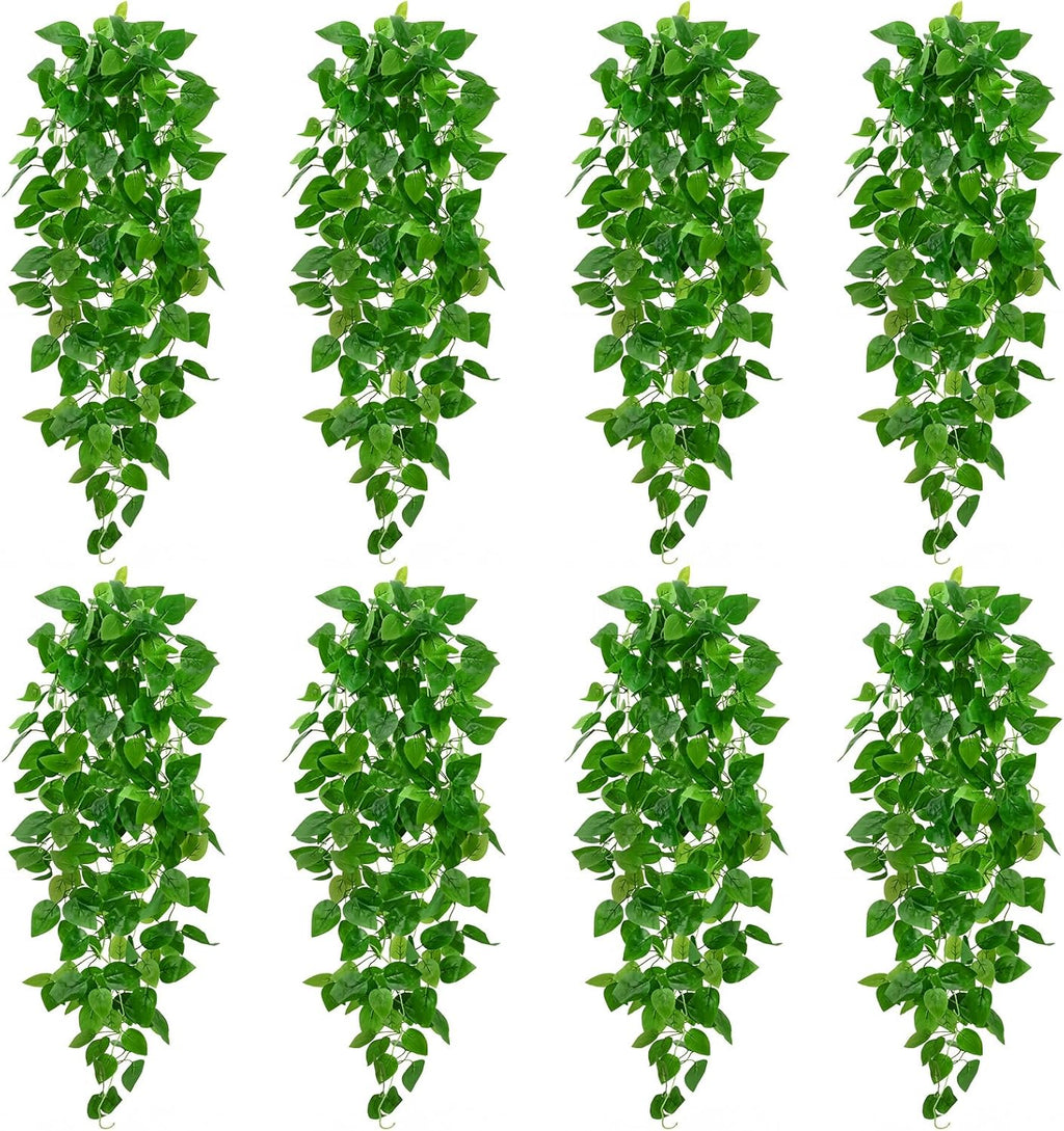BLEUM CADE 8Pcs Fake Hanging Plants, 9 Branch Artificial Hanging Plant, Lush Faux Pothos Vines for Home Room Wall Shelf Porch Outdoor Indoor Decor (No Baskets)