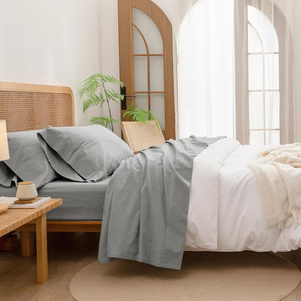 BESTOUCH Sheet Set 100% Washed Cotton Linen Feel Super Soft Comfortable Chic Lightweight 3 Pcs Home Bedding Set Solid Light Grey Twin