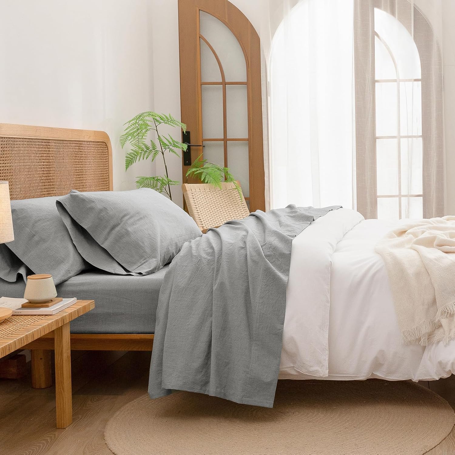 BESTOUCH Sheet Set 100% Washed Cotton Linen Feel Super Soft Comfortable Chic Lightweight 3 Pcs Home Bedding Set Solid Light Grey Twin