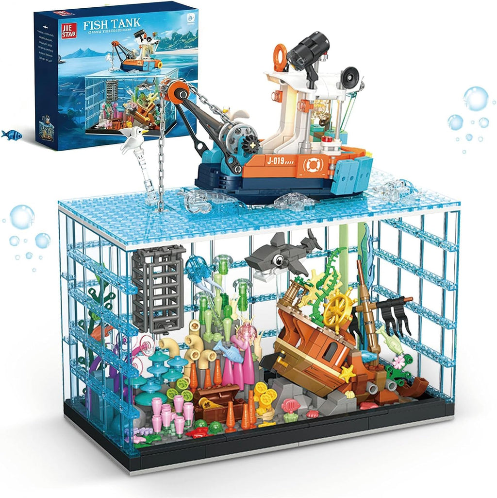 Fish Tank Building Set for Adults, 830PCS Deep Sea Aquarium Building Block Sets with Boat, Compatible with Lego, Education Toys with Shark and Jellyfish, Gift for Kids,Boys and Girls Age 14+