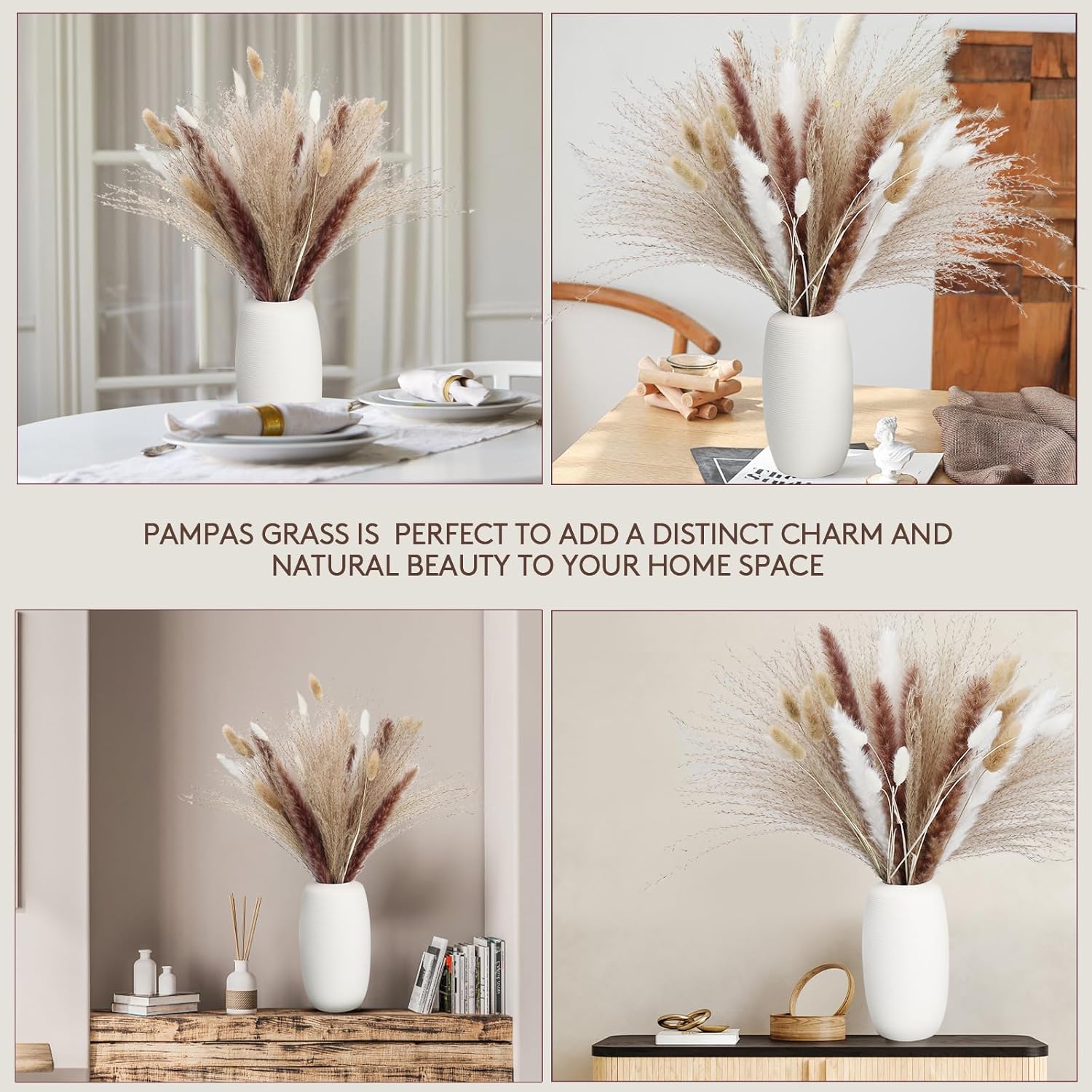 120PCS Dried Pampas Grass Decor – Bunny Tail Grass, White & Brown Reed Plumes, Tall Fluffy Boho Vase Filler for Rustic Wedding, Japandi Home, Shelf & Centerpiece Styling Festival Decor