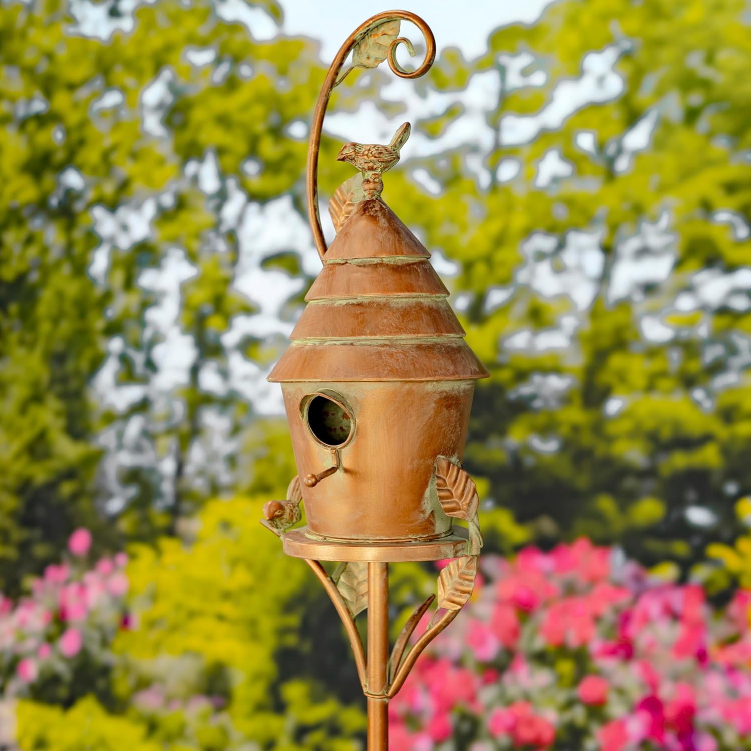 Copper Colored Fancy Design Birdhouse Garden Stakes (Cylindrical with Cone Roof)