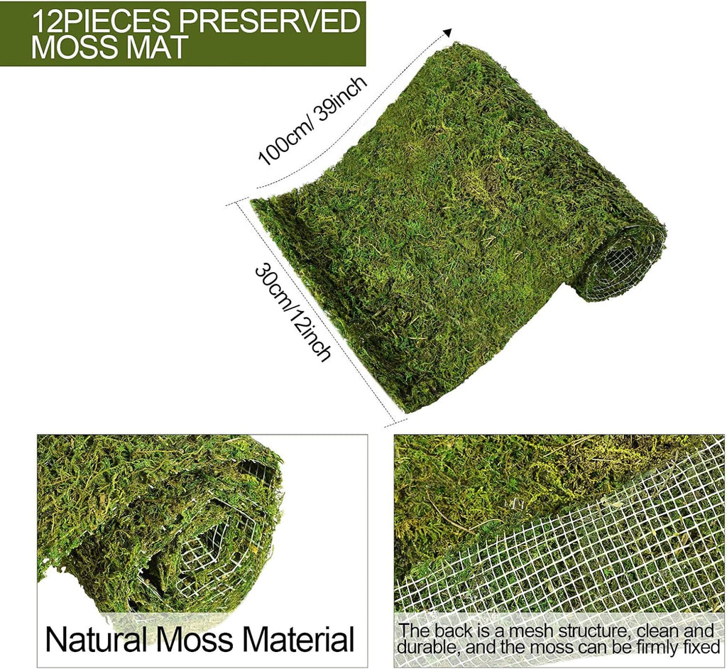 Jutom 12 Rolls Dried Moss Table Runner 12 x 40 Inch Preserved Sheet Moss Mat Artificial Green for Crafts Party Wedding Garden Decor