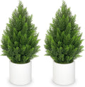 Briful 27” Artificial Cedar Topiary Tree in White Planter, 2PCS – Realistic Faux Evergreen Floor Plant with Layered Leaves, Decorative Indoor Outdoor Potted Shrub for Home, Office, Patio, Porch