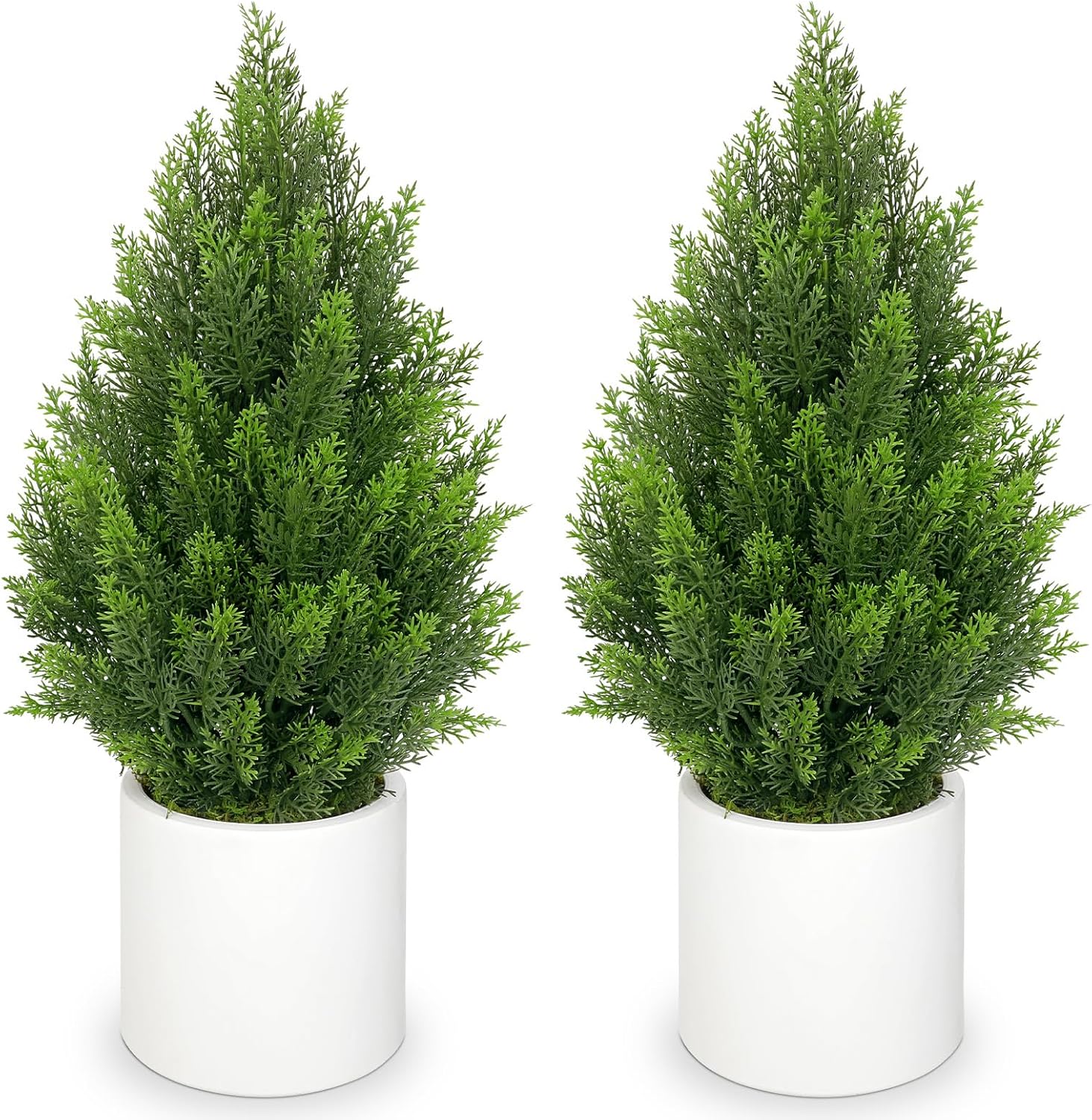 Briful 27” Artificial Cedar Topiary Tree in White Planter, 2PCS – Realistic Faux Evergreen Floor Plant with Layered Leaves, Decorative Indoor Outdoor Potted Shrub for Home, Office, Patio, Porch