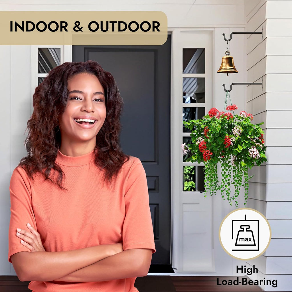RTZEN Plant Hangers Indoor or Outdoor - Wrought Iron Metal Hanger Indoor Hook - Heavy Duty Wall Bracket Hooks for Hanging Plants Baskets Lanterns Wind Chimes - 2 Pack (Black Shepherds Hooks)