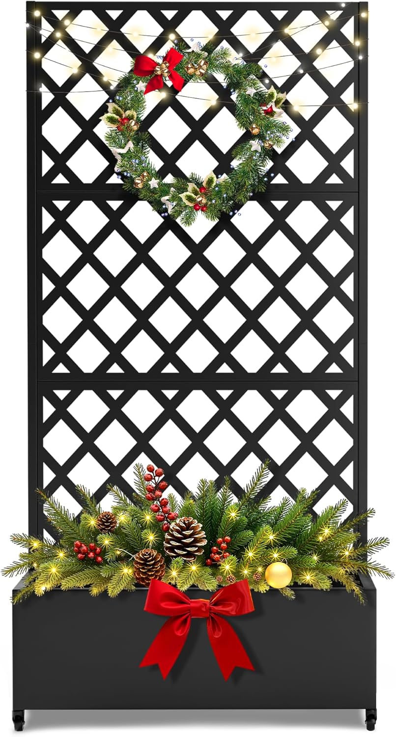 FENCY Metal Planter Box with Diamond Lattice Trellis Planter Box for Climbing Plants/Vines, Galvanized Raised Garden Bed On Wheels, Garden Bed with Trellis(73"x35" Black)