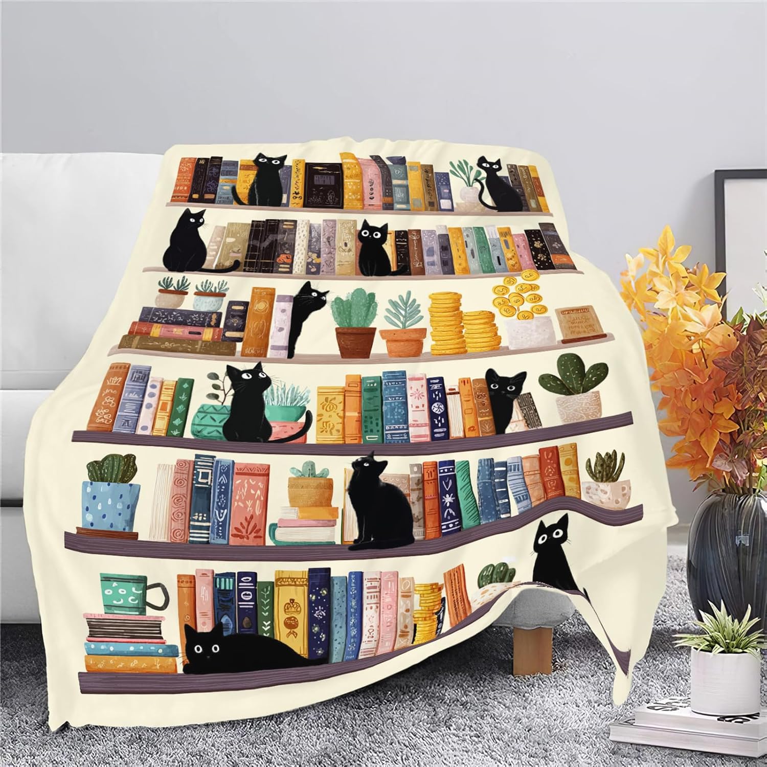 Black Cat Throw Blanket Book Cat Bookshelf Stuff Gifts for Kids Girls Boys Adults Women Men Soft Cozy Warm Plush Fluffy Fuzzy Fleece Blanket Decor 50''X60''