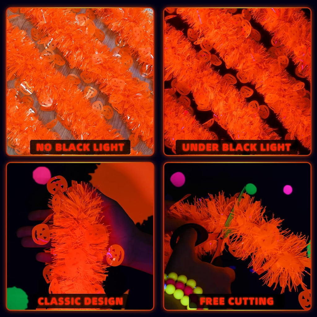 Mega-L Neon Halloween Party Decorations, 26ft Fluorescent Orange Pumpkin Garland Banner Glow in the Dark Party Supplies Cute Hanging Ceiling Decors for Birthday Home Wall Fence Porch Black Light Party