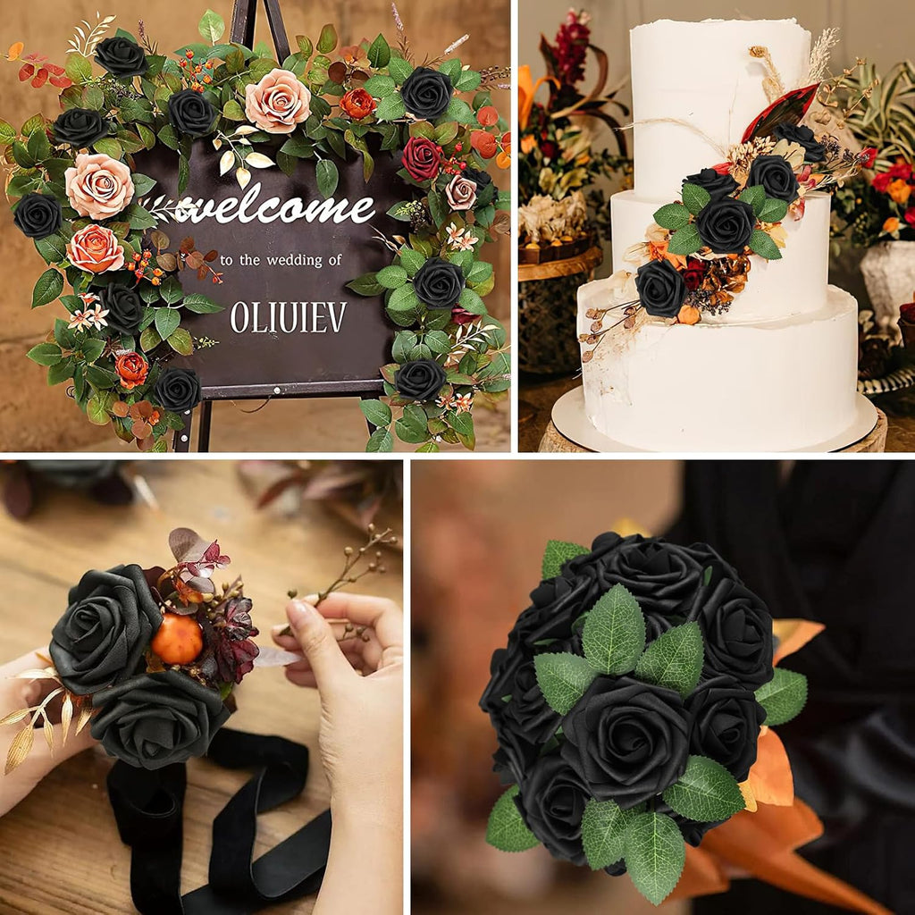 AmyHomie Artificial Flowers Black Rose 25pcs Real Looking Fake Roses w/Stem for DIY Wedding Bouquets Centerpieces Arrangements Party Baby Shower Valentines Day Christmas Tree Decorations
