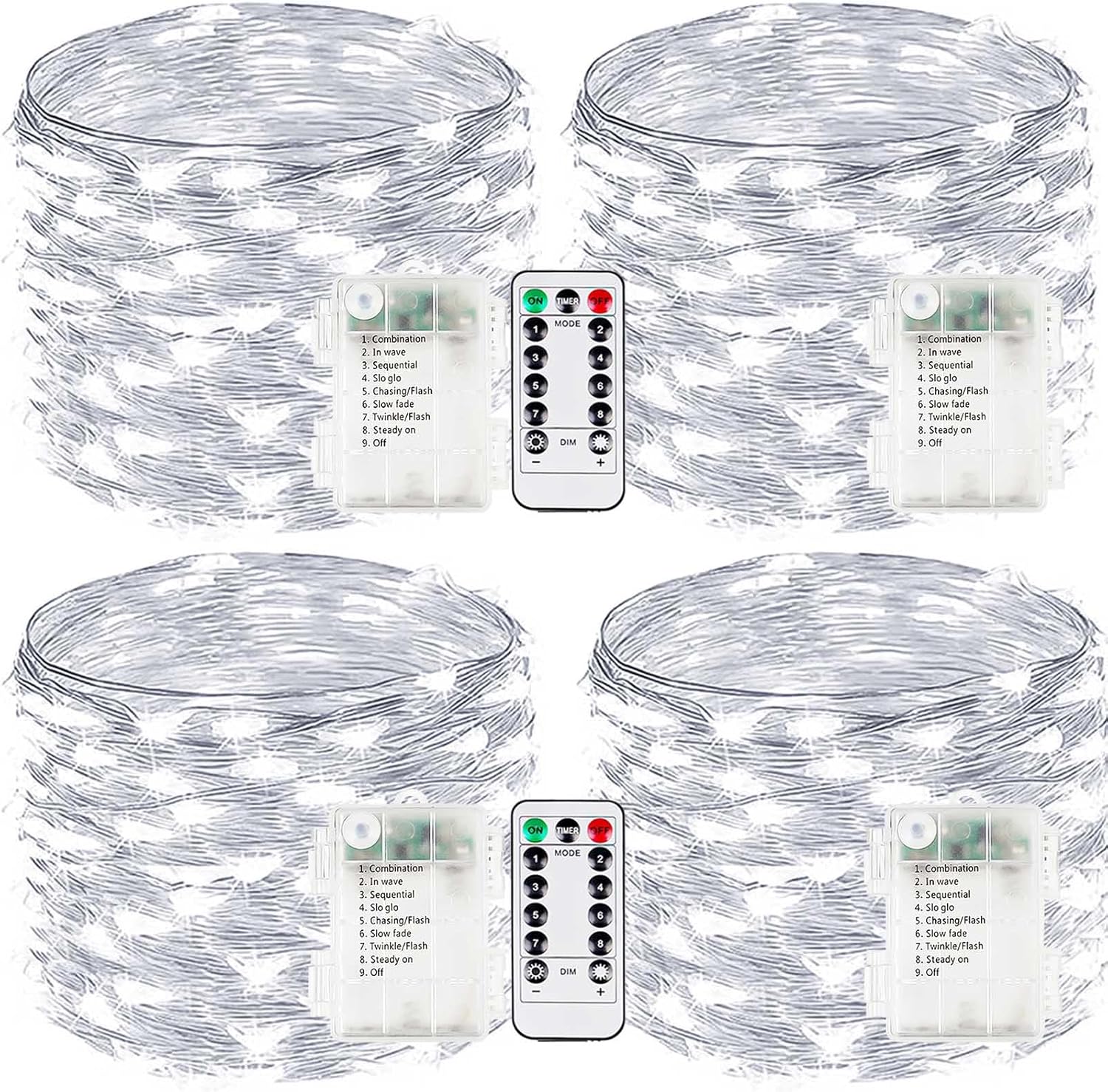4-Pack Fairy Lights Battery Operated with Remote, Waterproof 33FT 100 LED Battery String Lights Outdoor Indoor, 8 Modes Twinkle Lights with Timer for DIY Home Centerpiece Christmas Decor (Cool White)
