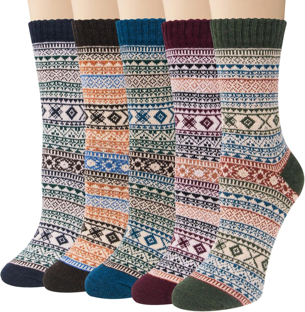 Justay 5 Pairs Wool Socks for Women - Winter Thick Boot Cozy Crew Vintage Soft Calf Knit Warm Socks Gifts