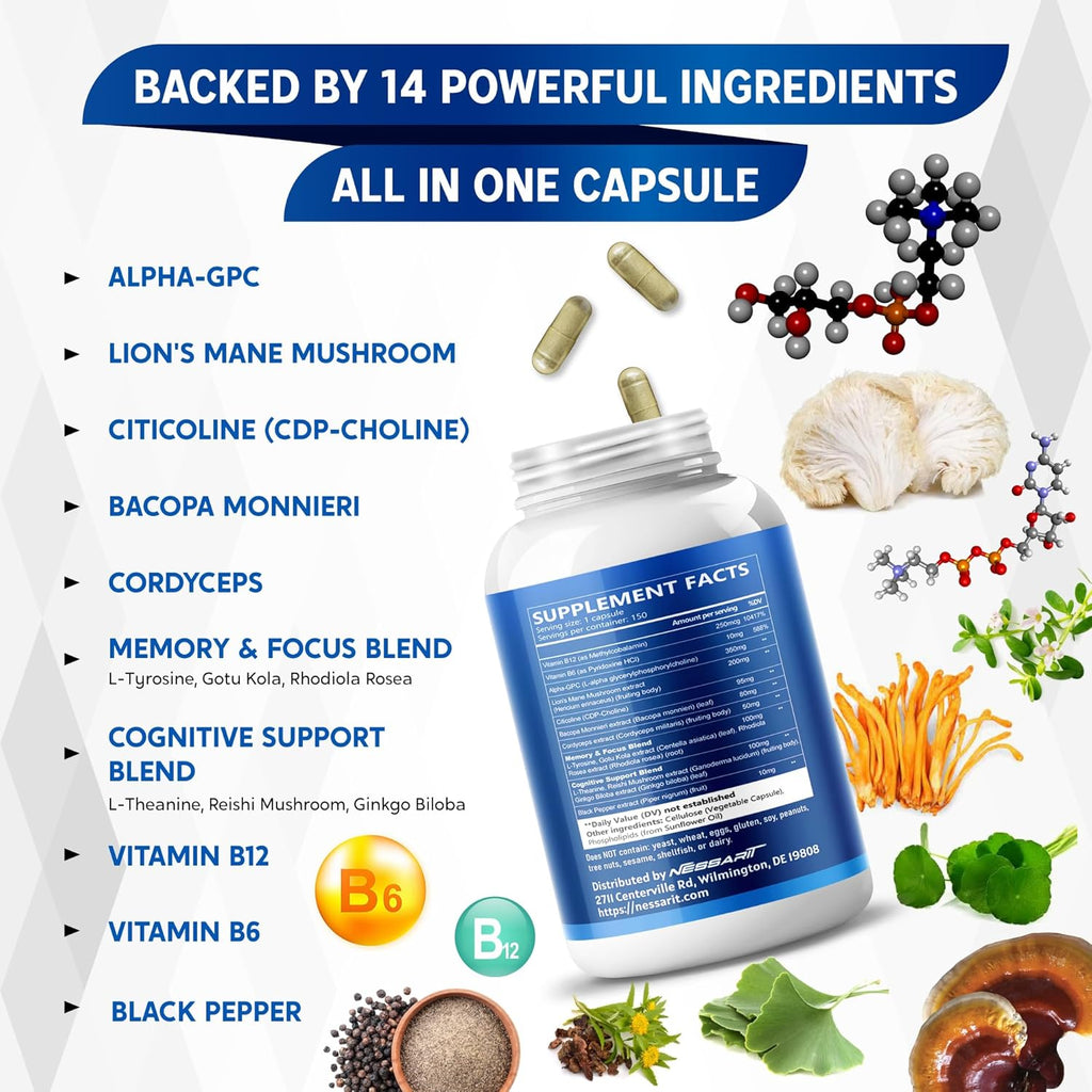 Liposomal Alpha-GPC, Lion’s Mane, Citicoline, Bacopa Monnieri & Cordyceps – Support Memory, Focus & Brain Health – 150 Capsules*