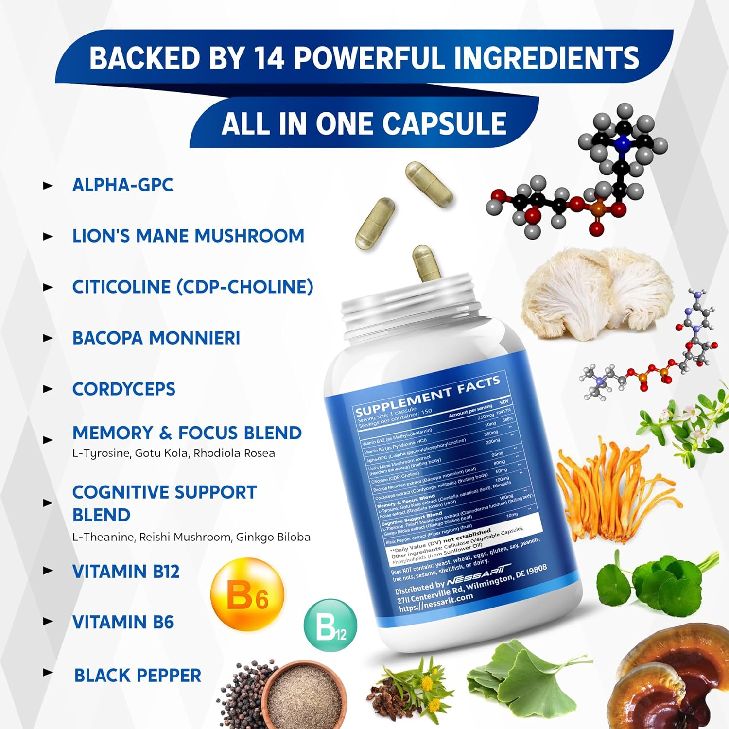 Liposomal Alpha-GPC, Lion’s Mane, Citicoline, Bacopa Monnieri & Cordyceps – Support Memory, Focus & Brain Health – 150 Capsules*
