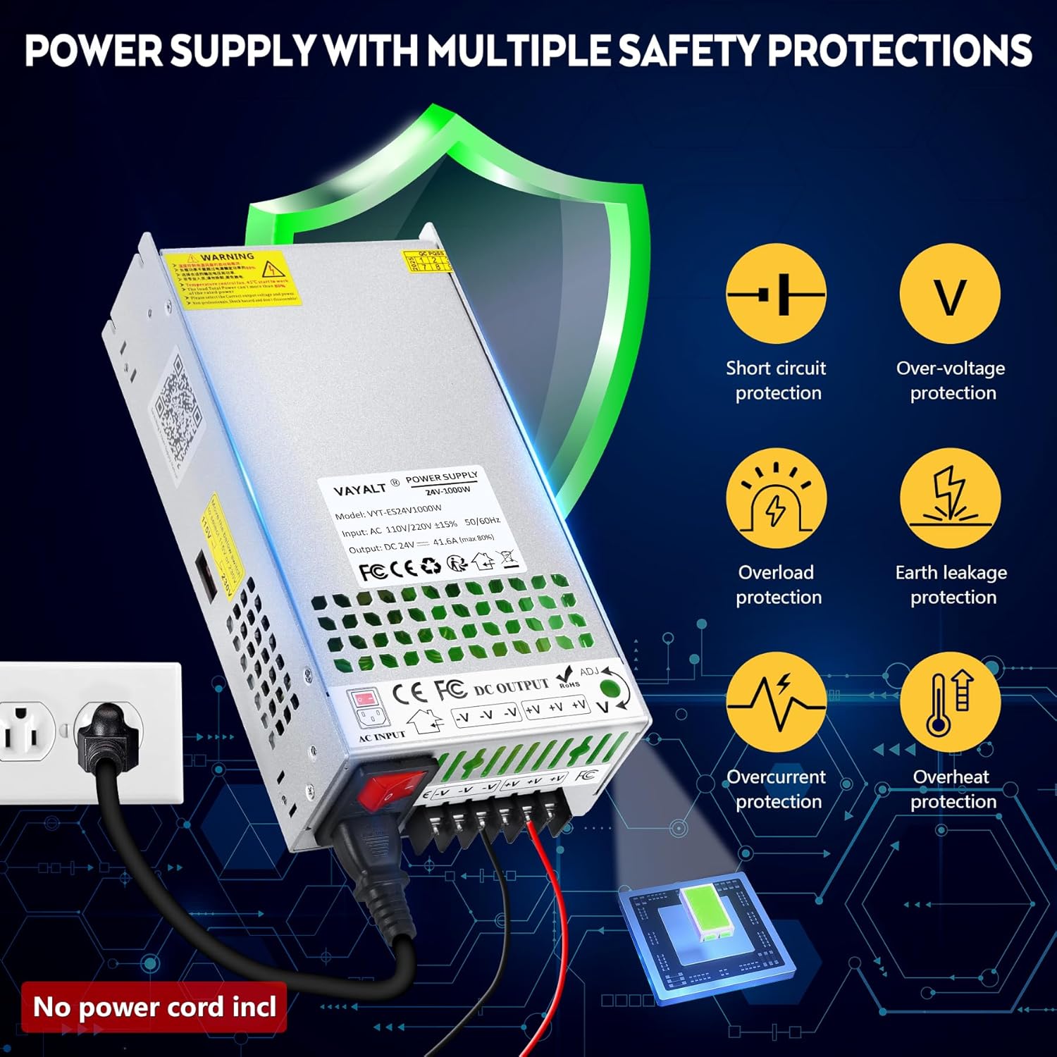 VAYALT 24V 41.6A 1000W DC Switching Power Supply, Universal Regulated Switching AC 110V/220V to DC 24V Transformer, 24V Power Suply for Industrial, Computer Project (No Power Cord)