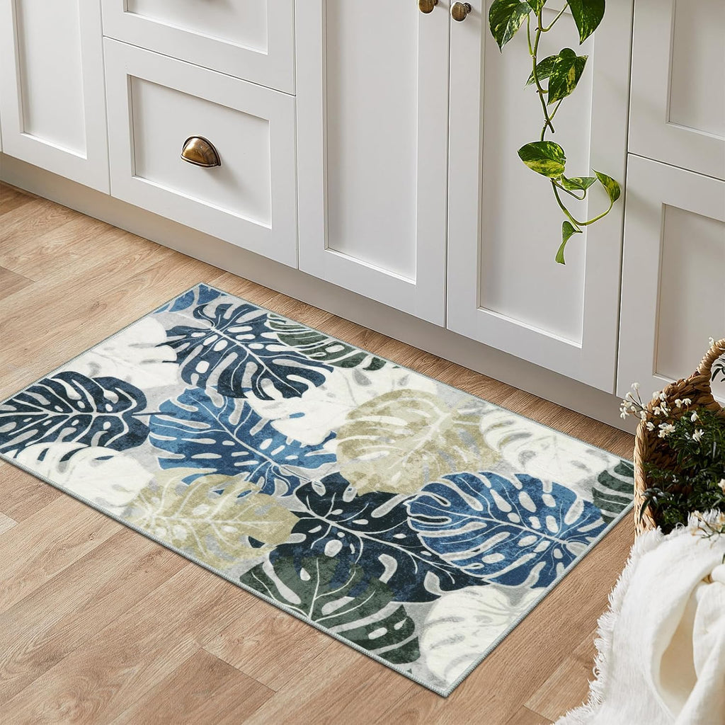 Wonnitar 2x3 Kitchen Sink Rug, Machine Washable Blue Bathroom Leaf Rugs, Monstera Coastal Non-Skid Bedside Accent Mat, Non-Shedding Low Pile Floor Carpet for Entry Doormat Bedroom Laundry