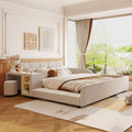 Merax Queens Size Velvet Bed Frames Upholstered Grounded Bed, Wooden Mother & Child Bed with Bedside Desk and Little Round Stool,Kids Adults Bedroom Floor Platform Bed,Beige