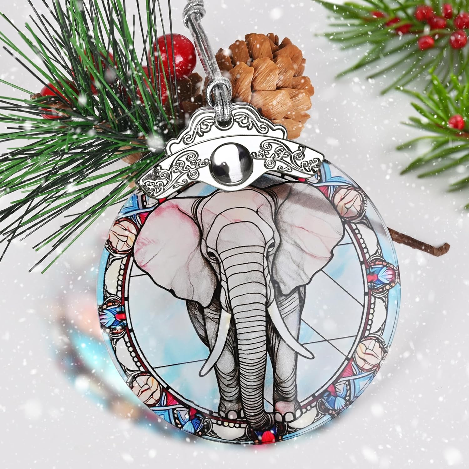 Stained Glass Christmas Ornament, Jocidea Elephant Christmas Decorations, Christmas Tree Ornament, Elephant Lovers Gifts, Holiday Decor and Xmas Gifts Ideas