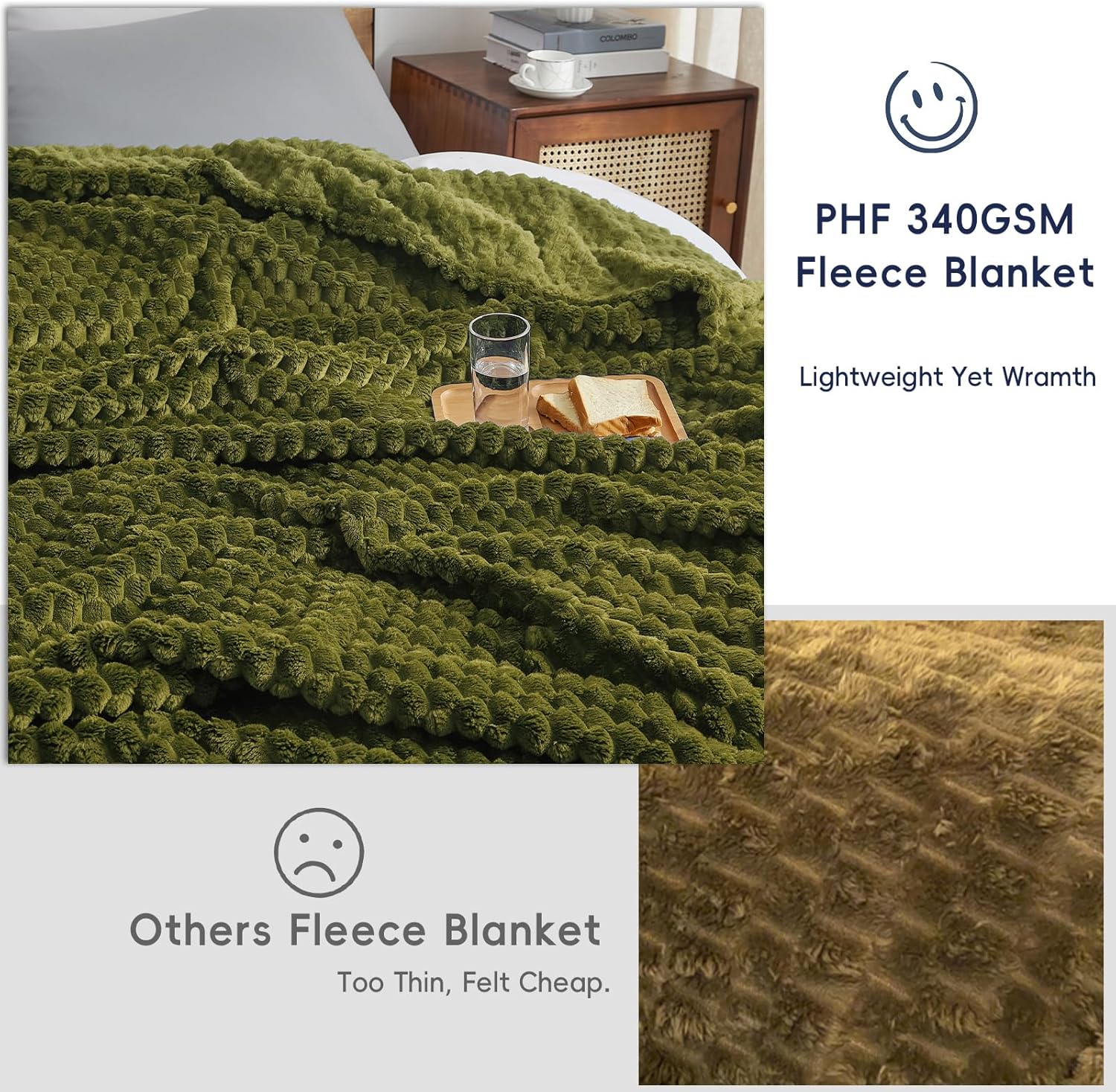 PHF Ultra Soft Flannel Fleece Blanket King Size, Lightweight 3D Jacquard Fleece Blanket, No Shedding, No Pilling, Luxury 340GSM Aesthetic Fluffy Cozy for Bed Room Decor, 108"x90", Olive Green