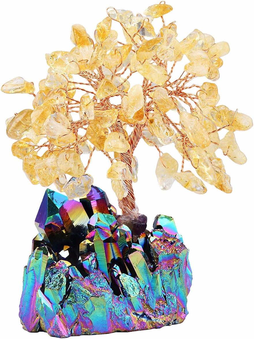 mookaitedecor Citrine Crystal Tree, Quartz Cluster Rainbow Titanium Crystals Base Bonsai Money Tree for Wealth and Luck