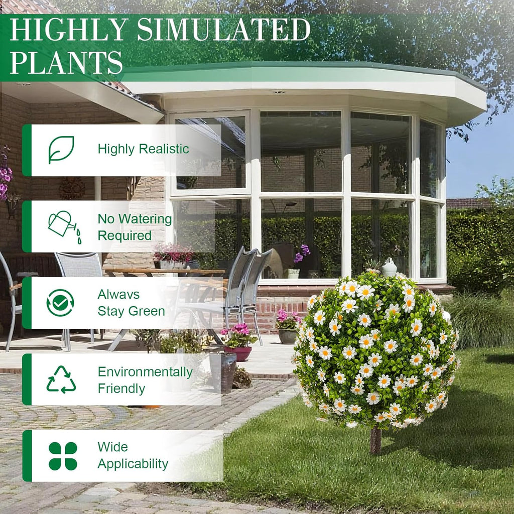 25" Artificial Boxwood Topiary Ball Trees with Daisy Flowers, Set of 2 UV Resistant No Fade Outdoor Faux Plants with Ground Spike, Fake Shrubs for Garden, Patio, Porch, Yard, Indoor Decor