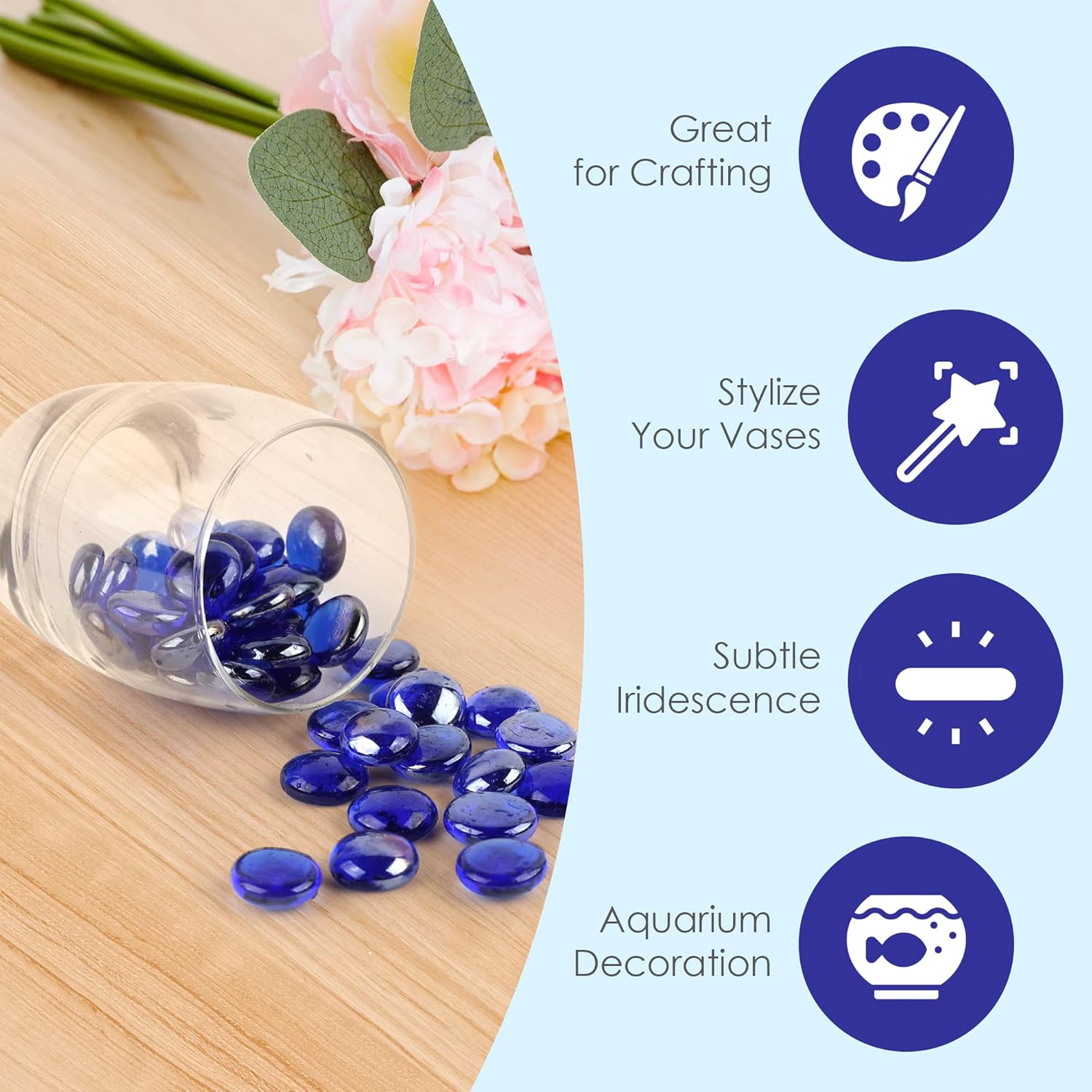 Houseables Glass Beads for Vases, Marbles for Vases, Glass Marbles, Filler, Blue Beads, Flat, Blue Gems, Crafts, Pebbles, Stones, Decorative Rocks, Plants, Florist, Floral, Fishbowl, 10 LBS, 1000PC