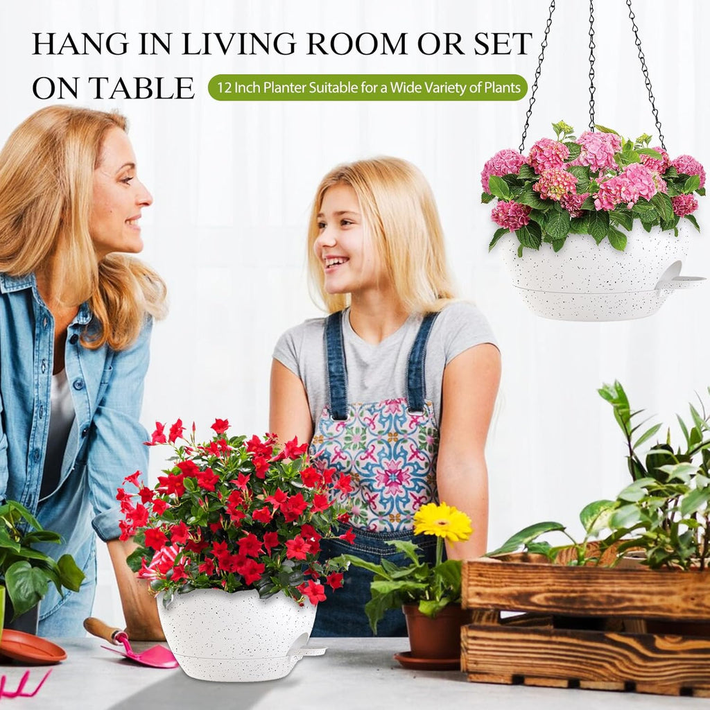 12 Inch Hanging Baskets 2 PC with Chains, Self-Watering Hanging Planters for Indoor Outdoor Plants, Plastic Hanging Flower Pots,Speckled White