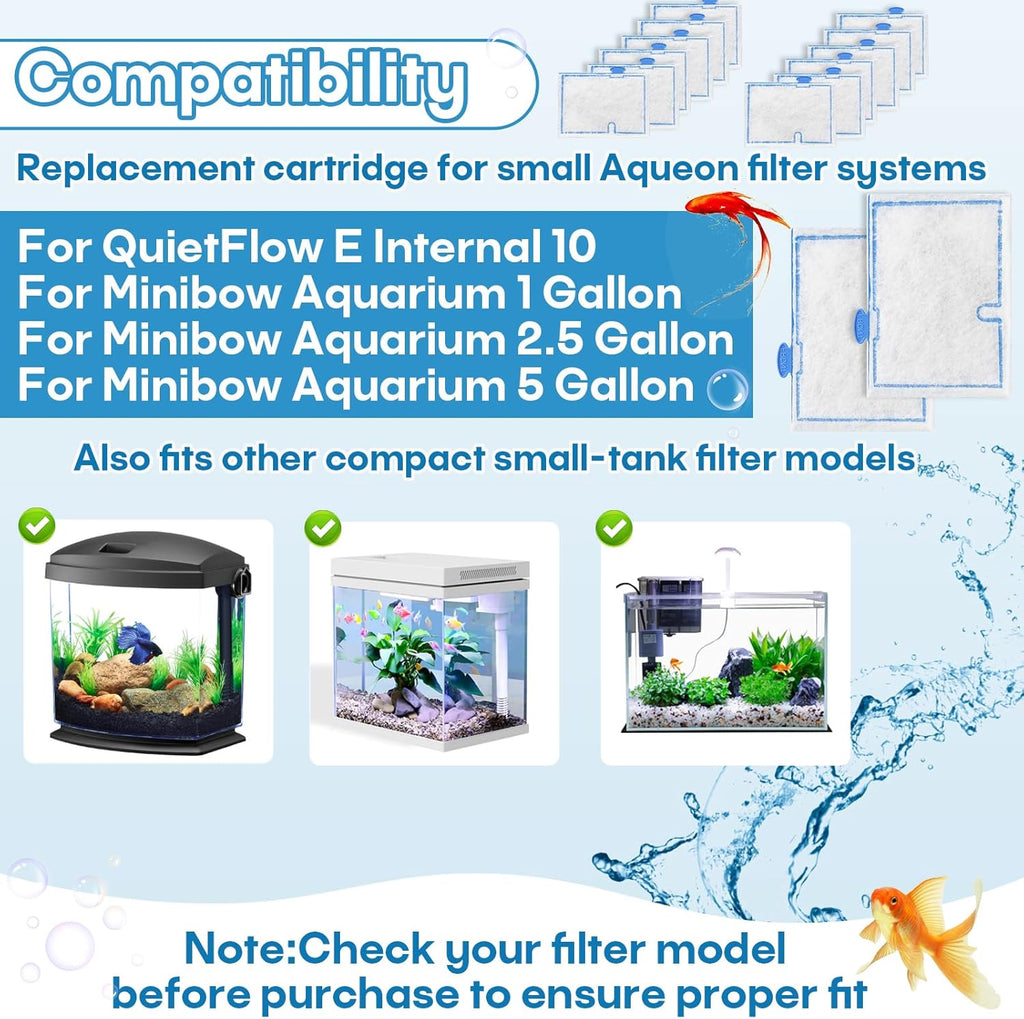 Small Filter Cartridges Compatible with Aqueon Filters (12 Pack), Aquarium Filter Cartridge Replacement for QuietFlow E Internal Power Filter Size 10 and Minibow Aquarium Filters Size 1/2.5/5 Gallon