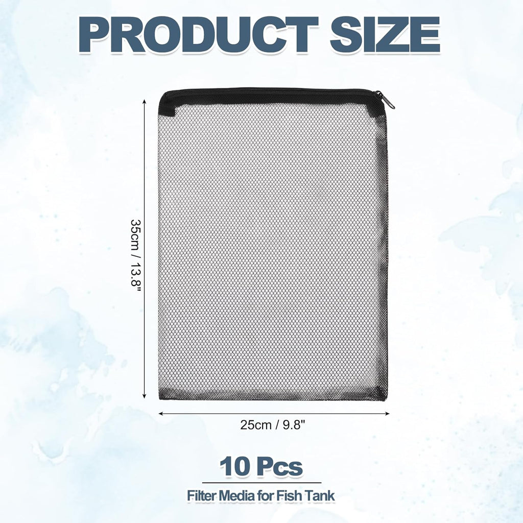 Aquarium Filter Media Bags, Fish Tank Fine Mesh Bag with Zipper Reusable Versatile 14 x 10 Inch, (Black, 10Pcs), Intended for Fish Tank/Aquarium/Pond/Activated Carbon/Ceramic Rings