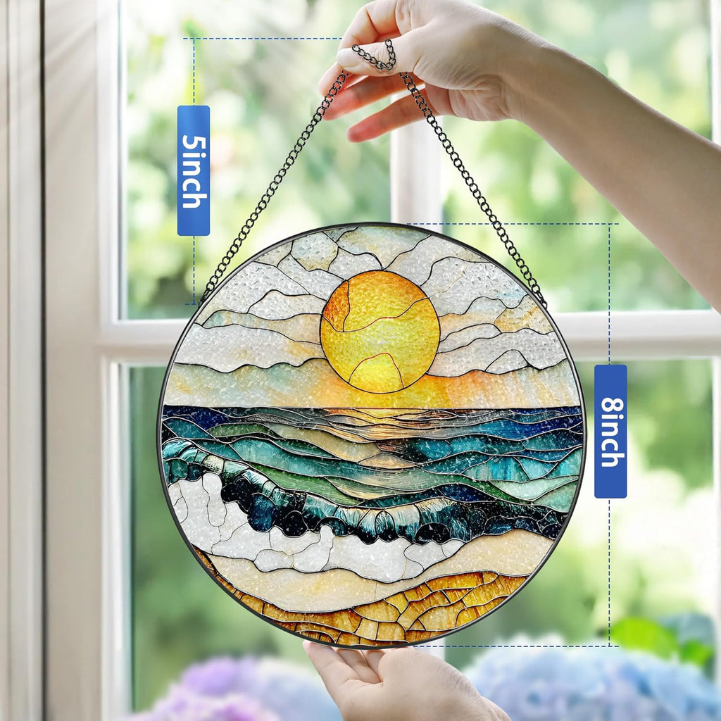8-Inch Stained Glass Ornament, Stained Glass Window Hanging, Window Hanging Decor Suncatcher, Beach Sunset Ornament | Summer Vibes Gift | Gifts for Beach Lovers, Friend & Family