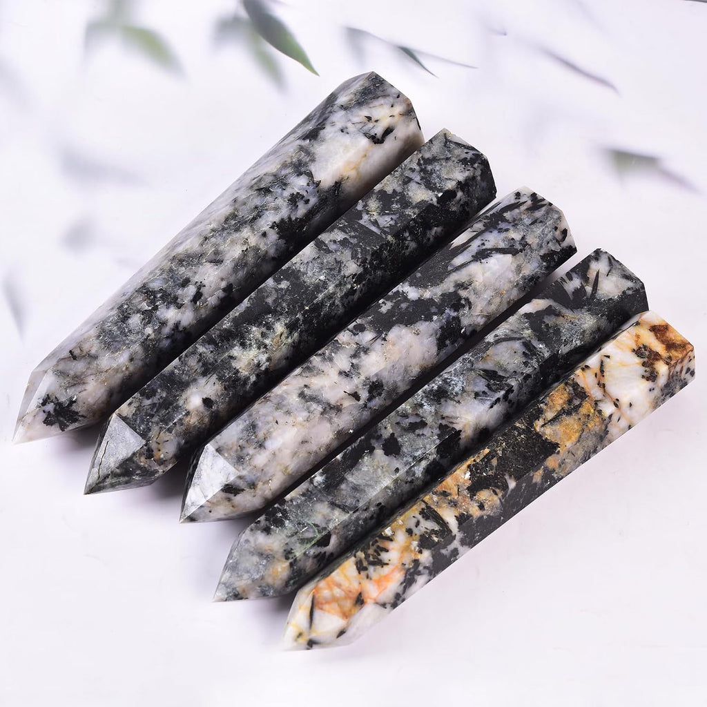 JIC Gem Extra Large Black and White Tourmaline Crystal Obelisk Tower Wand 6 Faceted Healing Crystal Quartz Wand Point Home&Desktop Decoration 4.4-4.8 Lbs