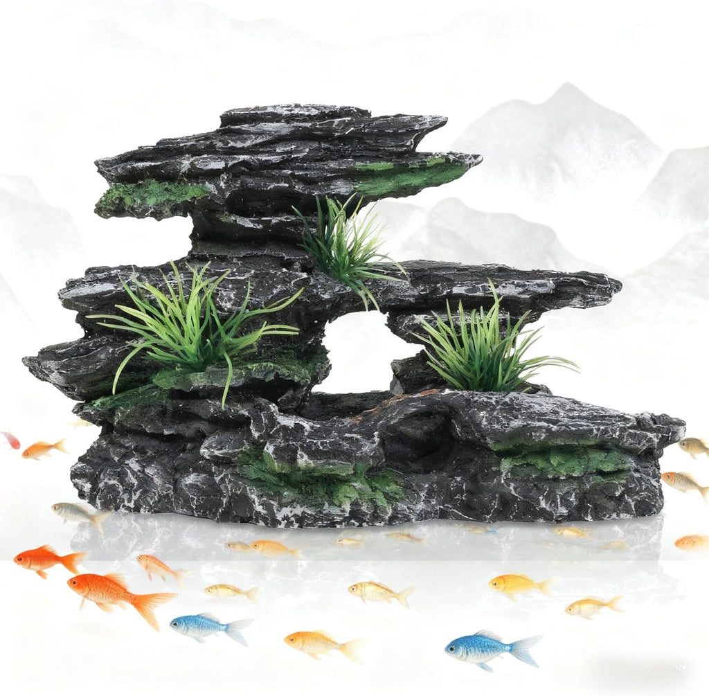 Fish Tank Mountain View Stone Ornament, Large Premium Aquarium Decor, Multi-Functional Spot for Betta, Snails, Turtles to Rest, Play & Basking