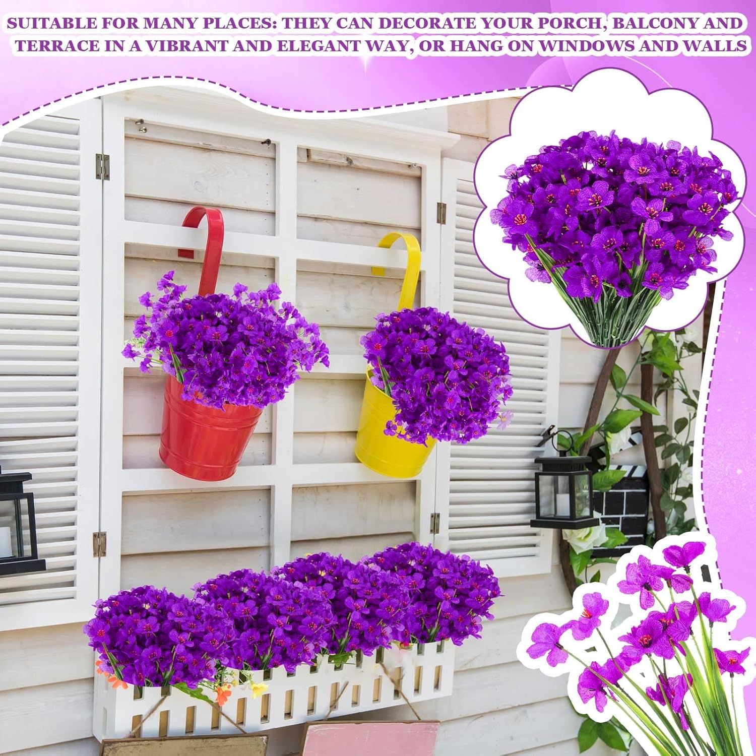 Lyrow 100 Bundles Violet Artificial Flowers, UV Resistant Faux Flowers Outdoor, Faux Silk Flowers, Fake Violet Flowers Bulk for Front Porch Hanging Garden Courtyard Farmhouse Home(Purple)