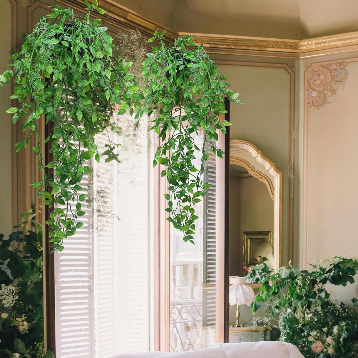 Fake Hanging Plants, Faux Potted Ivy Vine Artificial Mandala Plants for Indoor and Outdoor Aesthetics Office Living Room Shelf Decoration (1 Pack)
