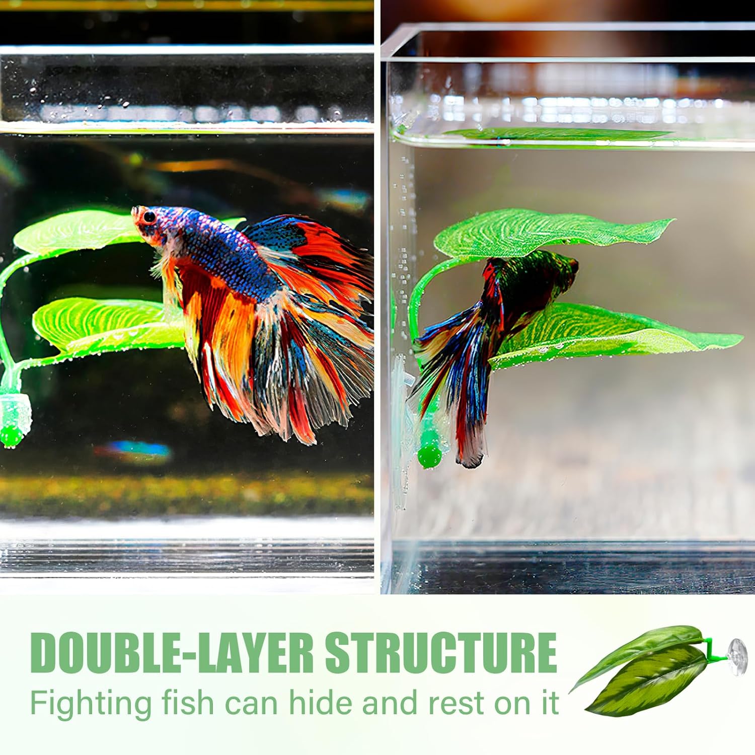 3Pcs Betta Leaf Hammock Betta Bed Fish Tank Accessories Soft Aquarium Decor Plastic Plants with Suction Cup,Simulating The Natural Habitat for Betta Spawning Grounds Breeding Resting Bed（Double Leaf）