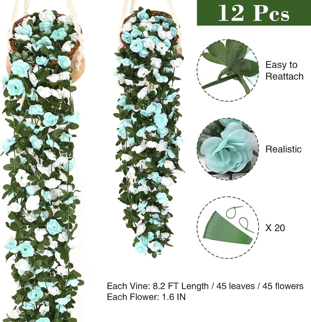BLEUM CADE 12Pcs 98.4Ft Flower Garland Artificial Rose Vines for Bedroom, Cute Fake Hanging Flower Vines Floral Garland Decorations for Wedding Party Wall Room Decor Aesthetic