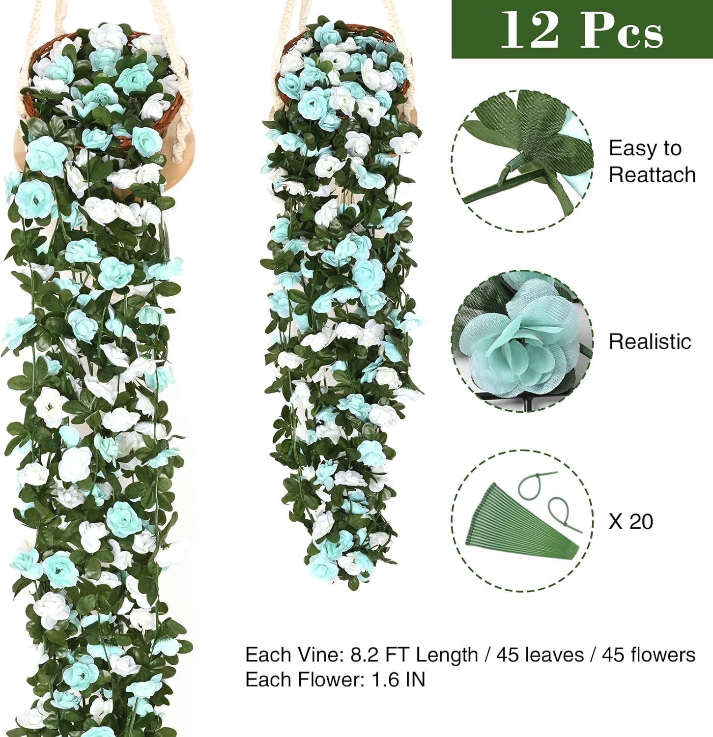 BLEUM CADE 12Pcs 98.4Ft Flower Garland Artificial Rose Vines for Bedroom, Cute Fake Hanging Flower Vines Floral Garland Decorations for Wedding Party Wall Room Decor Aesthetic