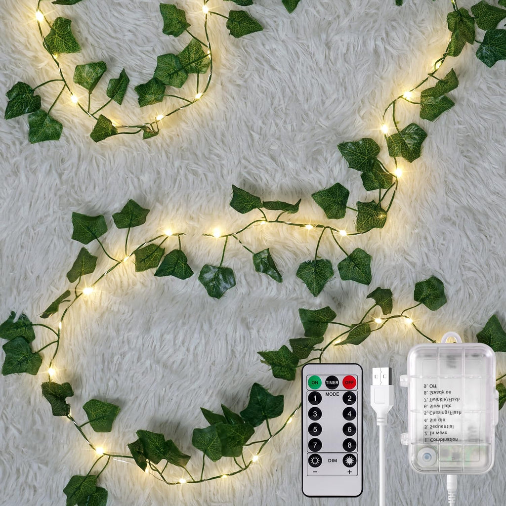 40ft 120 LED Vine Fairy Lights Battery Operated, 8 Modes & Timer Ivy String Lights with Remote, Green Leaf Lights for Indoor Bedroom Classroom Office Wall Garden Party Wedding Decor (Warm White)