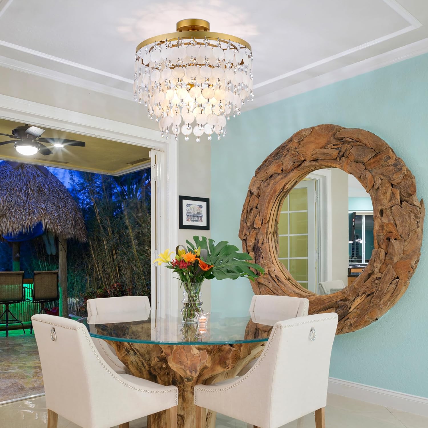 TOCHIC Modern Capiz Shell Chandelier, Boho Coastal Beach Chandelier for Bedroom, Small Semi Flush Mount Ceiling Pendant Light Fixture for Dining Living Room, Kids Room, 16”W, Gold