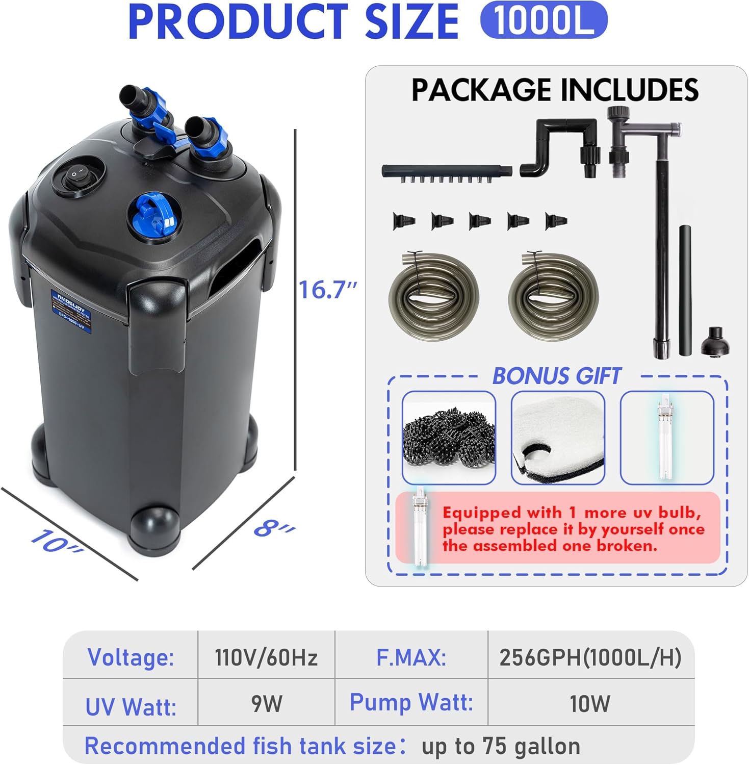 AMOSIJOY 265GPH Ultra-Quiet Canister Filter, 3-Stage External Aquarium Filter with Free Media for Large Fish Tanks and Aquariums