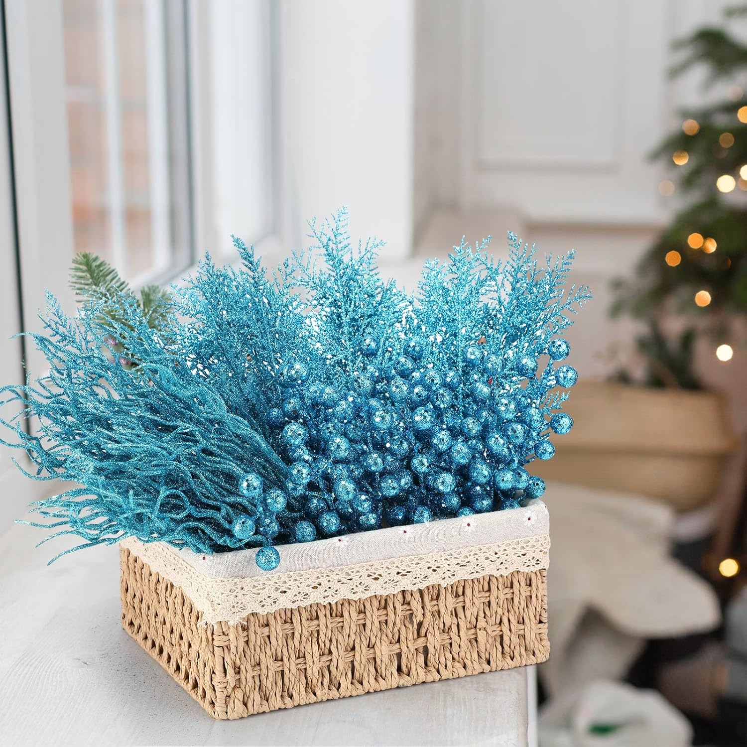 75 Pcs Christmas Glitter Branches 3 Styles Artificial Christmas Picks Berries Stems Pine Needles Floral Twig Spray for Xmas Tree Ornaments DIY Wreath Garland(Light Blue)