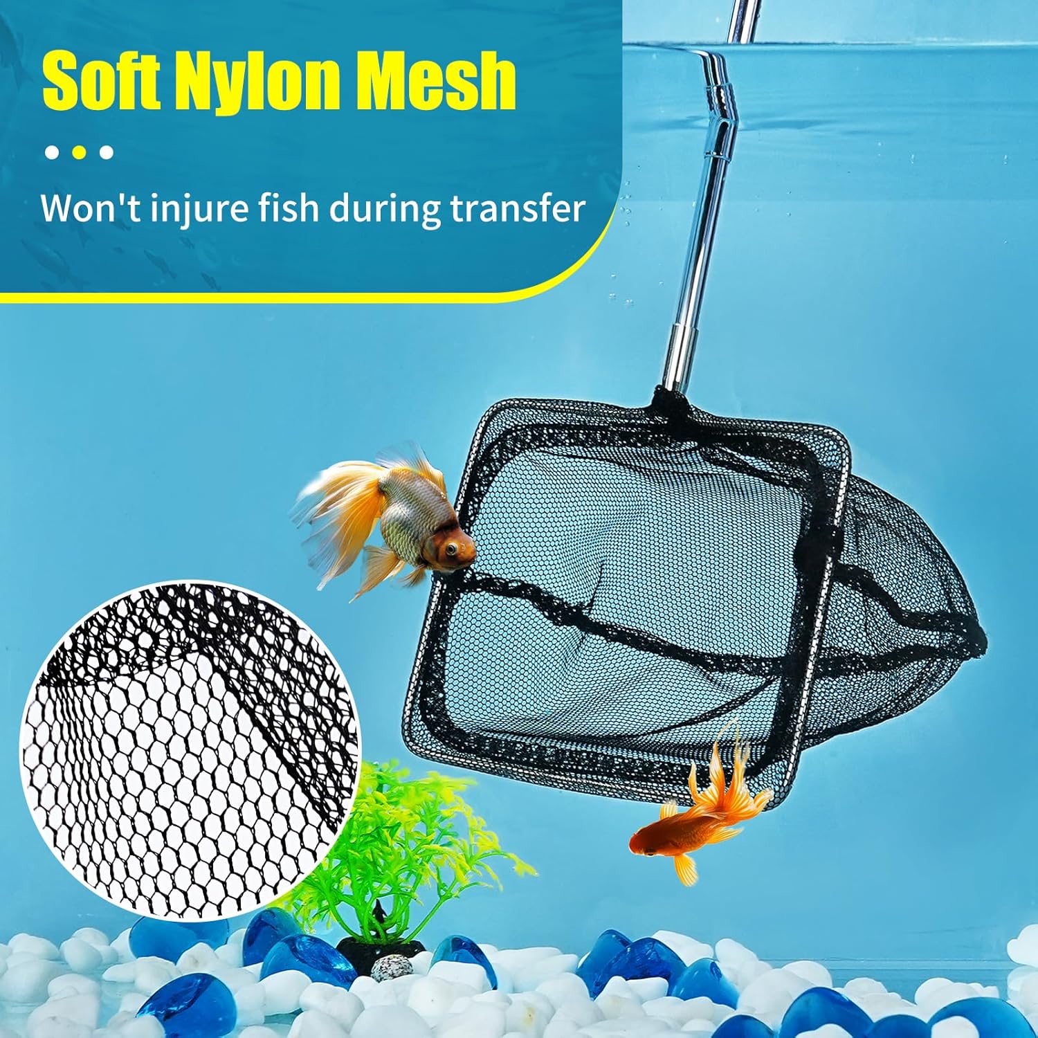 AQUANEAT Aquarium Net with Extendable Long Handle, Adjustable Wastes Skimming Cleaning Tools for Fish Tanks, 8 inch
