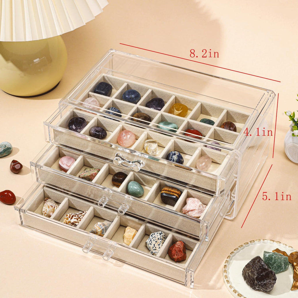 Acrylic Rock Collection Display Case with 54 Grids Storage Compartments Rock Collection Boxes Display Organizer Collection Storage Display Cases for Collectibles Crystal /Rock（Beige）